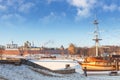 Veliky Novgorod, Russia, the Kremlin on the banks of the Volkhov River, ship restaurant Royalty Free Stock Photo